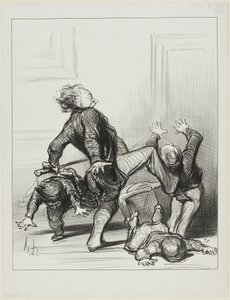 Indflydelsen fra fredskongressen. "Åh, I slyngler, I slås igen ... I ved stadig ikke, at mennesket skal leve i fred og være herre over sig selv," planche 8 fra Actualités af Honoré Victorin Daumier