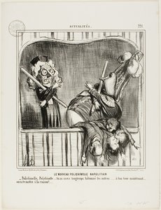 Den nye napolitanske klovn. "- Polichinelle, Polichinelle, du har skældt ud på de andre længe nok ... nu er det din tur. Vi vil bringe dig til fornuft ...", plade 221 fra Actualités af Honoré Victorin Daumier