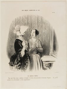 Pamela-hatten. "Du har helt ret, Madame, i at tage denne henrivende form for en ny hat på......, især fra siden, hvor den passer smukt til din fysiognomi.....!", plade 76 fra Les Beaux Jours De La Vie. af Honoré Victorin Daumier