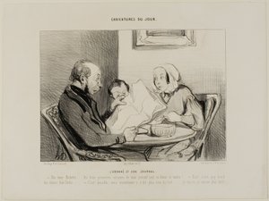 Abonnenten og hans avis. "- Hør her, skat, de første tre spalter i min morgenavis er helt tomme! Det ser ud til, at de virkelig må have sagt nogle grimme ting. - Det kan godt være, men nu hvor du nævner det, at skrive ingenting overhovedet, jeg af Honoré Victorin Daumier