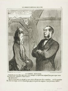Den frygtelige instruktør. "- Det er rigtigt! Du fortæller mig, at du gik glip af dagens prøve, fordi du var nødt til at sætte igler på din mor - Ja, sir. - Men da du kom her første gang for tre måneder siden, fortalte du mig, at du var forældreløs. Dette  af Honoré Victorin Daumier