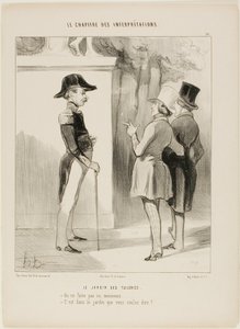 Tuileries-haven. "- Der må ikke ryges her, sir! - Du mener i haven", plade 10 fra Le Chapitre Des Interprétations af Honoré Victorin Daumier