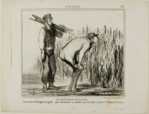 En vinbondes bekymringer. "- Vi slap for frosten.... alt, hvad vi nu skal bekymre os om, er solen, regnen, vinmuggen og alt det andet...", plade 397 fra Actualités af Honoré Victorin Daumier