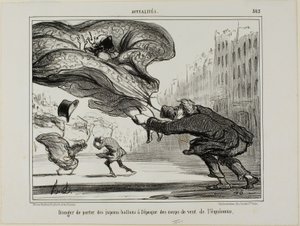 Faren ved at bære ringskørt under en pludselig forårsstorm, planche 26 fra La Crinolomanie af Honoré Victorin Daumier