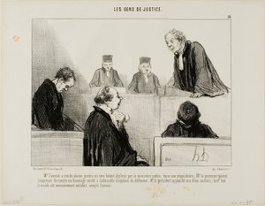 Forsvaret roser anklagerens talent, mens statsadvokaten beundrer forsvarets veltalenhed. Dommeren klapper af dem begge, og alle er tilfredse, undtagen den anklagede, planche 16 fra Les Gens De Justice af Honoré Victorin Daumier