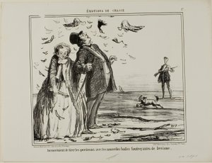 Ulempen ved at skyde på unge agerhøns med de nye eksplosive kugler fra Devisme, planche 17 fra Émotions De Chasse af Honoré Victorin Daumier
