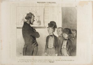 Eleverne på Institut Pascareau prøver deres nye skoleuniform, som får dem til at ligne lidt den store Napoleon og meget små avisdrenge, plade 25 fra Professeurs Et Moutards af Honoré Victorin Daumier