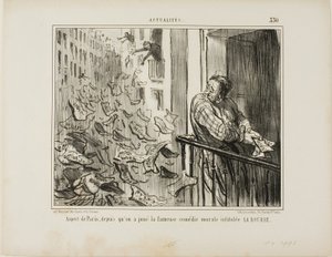 Udsigt over gaderne i Paris efter opførelsen af den berømte moralistiske komedie "La Bourse", plade 330 fra Actualités af Honoré Victorin Daumier