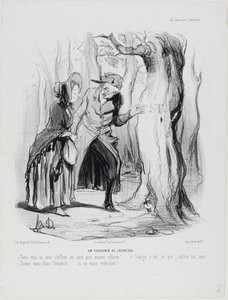 Ungdomsminder. "- Du ser, at vores breve endnu ikke er blevet slettet ... åh Sophie, det var her, jeg vandt dit hjerte. - Hold nu mund, Théophile.... hvis nogen skulle høre os!", plade 49 fra Married Life af Honoré Victorin Daumier