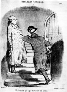 En lejer, der betaler præcis sin periode, taget fra "" Tenants et Owners"", tegneserieserie af Honore Daumier (1808-1879). “Charivari” af Honoré Daumier