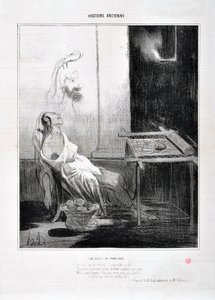 Kunstværk af Honore Daumier (1808-1879) Charivari stammer fra 1842: Serie HISTORIE ANCIE Les Nuits de Penelope "" Fra hendes fraværende yndige profil skinnede Forever med hendes søde øjne som en stjerne Formål at væve tre år og hendes list og hans web Han af Honoré Daumier