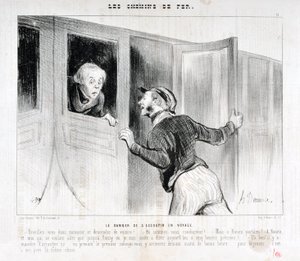 Kunstværk af Honore Daumier (1808-1879). Charivari stammer fra 1843: Serie LES RAILWAYS Faren for at falde i søvn på en rejse “” -Vågn op Sir og stå af bilen! - Hvor kører vi? - Men Rouen parbleu! - I Rouen og jeg, der kun ville til Poiss af Honoré Daumier