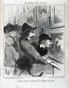 Kunstværk af Honore Daumier (1808-1879). Charivari stammer fra 1852: Serie LE PUBLIC DU SALON - "" Kunstnere undersøger maleriet af en rival"" MUSEE DES BEAUX ARTS - PALAIS LONGCHAMP, MARSEILLE af Honoré Daumier