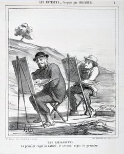 Kunstværk af Honore Daumier (1808-1879). Charivari er fra 1865: Serie LES ARTISTS Les paysagistes. "Den første kopierer naturen, den anden kopierer den første" MUSEE DES BEAUTS ARTS - PALAIS LONGCHAMP, MARSEILLE af Honoré Daumier