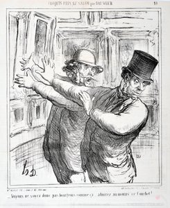 Kunstværk af Honore Daumier (1808-1879). Charivari stammer fra 1865: Serieskitser taget i salonen “” -Lad os ikke være borgerlige på denne måde... beundre i det mindste denne Courbet! “” KUNSTMUSEET - PALACE LONGCHAMP, MARSEILLE af Honoré Daumier