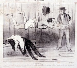 Tegnefilm om turister på ferie. Serien "" Les Baigneurs"": "" La lecon a dry""". Serien "" Les Baigneurs"": "" La lecon a dry""". Gravering af Honore DAUMIER (1808-1879). Uddrag fra avisen "" Le Charivari"". Dim 25x36cm æske 12 Marseille, Musee af Honoré Daumier