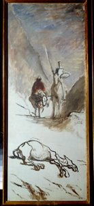 Don Quijote og det døde muldyr Illustration fra romanen af Miguel Cervantes "Don Quixote de la Mancha" (El ingenioso Hidalgo Don Quijote de la Mancha). Maleri af Honore Daumier (1808-1879). 19. århundrede søn. 1,32x0,54 m . af Honoré Daumier