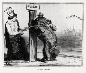 Rusland: en bjørn oprørt (af Europa). I marts 1854 dannede Frankrig og England en alliance med Tyrkiet mod Rusland Illustration af Honore Daumier (1808-1879), offentliggjort i nyhederne "Charivari" af Honoré Daumier