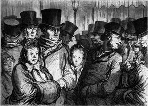 Temple Boulevard ved midnat. Til venstre, folk, der kommer ud af dramaet. Okay, folk forlader funambulerne. Tegnefilm af Honore Daumier (1808-1879). Indgravering i "" Le Monde Illustré"" nr. 254 af 22. februar af Honoré Daumier
