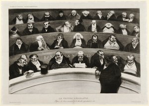 Den lovgivende mave: Udsigt over ministerbænkene i Impromptu-kammeret i 1834 (litografi) af Honoré Daumier