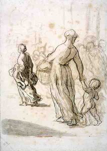 Two Women and a Child, ca. 1848-50 (kridt, kul og gouache på antikt lagt papir) af Honoré Daumier