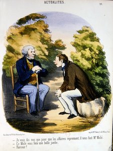 To mænd diskuterer politik og nytten af Comte de Mole (farve litho) af Honoré Daumier