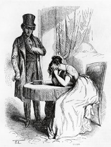 Kvinde i fortvivlelse under mandens blik, illustration fra Ferragus af Honore de Balzac (1799-1850), fransk udgave