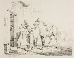 En husar, der omfavner en tjener. af Emile Jean Horace Vernet
