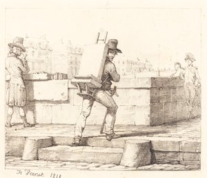 Kunstner bærer staffeli med en litografisk sten af Emile Jean Horace Vernet
