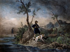 Andejagt i mosen, gravering baseret på maleri af Horace Vernet (1789-1863) af Emile Jean Horace Vernet