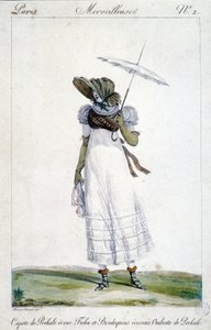 Modegravering af Horace Vernet (1789 - 1863), lavet omkring 1810 til "A Wonderful", forestillende en kvinde, der bærer en ecru baldakin, et blodigt, tartan-broderi og en paraply. af Emile Jean Horace Vernet