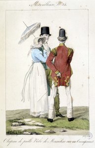 Modegravering af Horace vernet (1789 - 1863) lavet omkring 1810 til nummer 25 af en "Marvelous", repræsenterende feminin mode (stråhat og chiffonkjole) og maskulin. af Emile Jean Horace Vernet