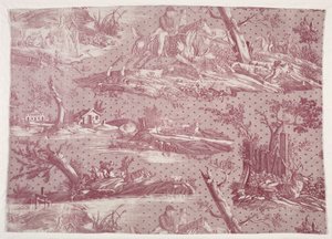 Fragment af kobbertryk i bomuld med motiv af jagtscene af Horace Vernet