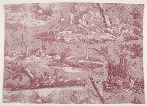Fragment af kobbertrykt bomuld med jagtscenedesign, ca. 1815. af Emile Jean Horace Vernet