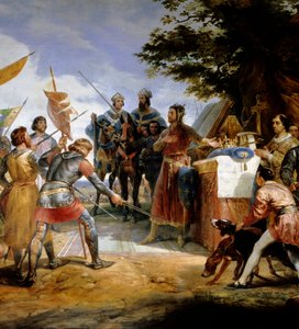 Fransk-engelsk krig (1202-1214): "" slaget ved Bouvines den 27/07/1214, Philippe Auguste sætter Frankrigs krone i spil"" Hun opponerede den franske hær af Philippe Auguste mod flamlænderne og Welfs of Othon IV . Den franske sejr var afgørende i o af Emile Jean Horace Vernet