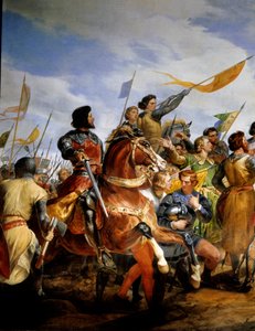 Fransk-engelsk krig (1202-1214): "" slaget ved Bouvines den 27/07/1214, Philippe Auguste sætter Frankrigs krone i spil"" Hun opponerede den franske hær af Philippe Auguste mod flamlænderne og Welfs of Othon IV . Den franske sejr var afgørende i o af Emile Jean Horace Vernet