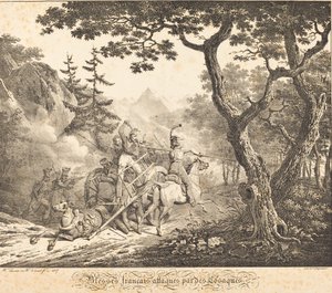 Sårede franskmænd angrebet af en kosak af Horace Vernet and Hippolyte Lecomte