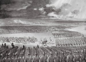 Porus afventer Alexanders angreb, juli 326 f.Kr (litografi) af Horace van Ruith