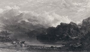 Et højlandslok, tåge hviler på bjerge af Horatio Macculloch