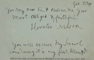 En del af det første brev skrevet af Nelson efter tabet af sin højre arm af Horatio Nelson