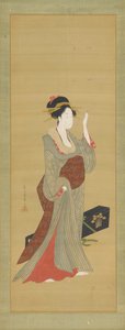 En geisha ved at justere en skildpadde-skal hårnål, slutningen af det 18. århundrede. af Hosoda Eishi