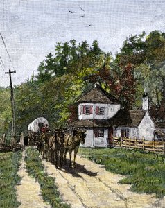 Vogn til det vestlige USA ved porten til National Pike, ca. 1850. Farvestik fra det 19. århundrede