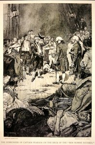 Kaptajn Pearsons overgivelse til John Paul Jones på dækket af Bonhomme Richard i 1779 (litho)