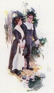 Illustration til The Courtship of Miles Standish af Henry Wadsworth Longfellow (farve litho)