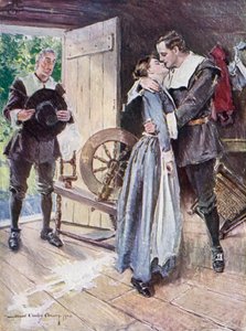 Illustration til The Courtship of Miles Standish af Henry Wadsworth Longfellow (farve litho)