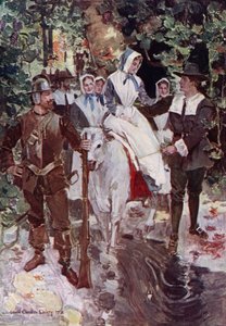 Illustration til The Courtship of Miles Standish af Henry Wadsworth Longfellow (farve litho)
