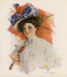 Ung kvinde med orange parasol (farvelitografi) af Howard Chandler (after) Christy