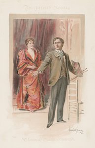 En kunstner står med sin palet, mens en kvinde står i baggrunden (farvelitografi) af Howard Davie