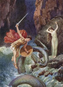 Ned fra luftens højde faldt Perseus. Fra hvordan Perseus kom til Ethiops (farve litho) af Howard Davie