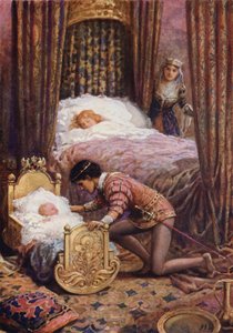 "Han bøjede sig ned for at kysse den lille baby" fra "Luciella" (farve litho) af Howard Davie